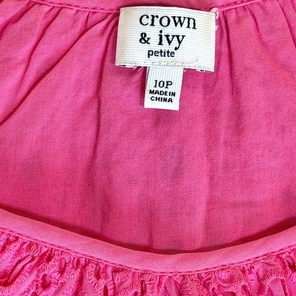 Crown & Ivy Hot Pink Eyelet Shift Dress Size 10P Cottagecore 3/4 Kentucky Derby - Picture 6 of 10